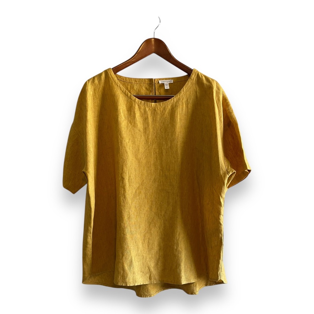 Eileen Fisher Mustard Yellow 100% Organic Linen Boxy Short Sleeve Top XL